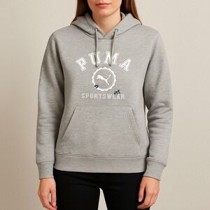 Puma Women's Gray Hoodie Sweatshirt Floral‎ Logo Pullover Athleisure Comfy